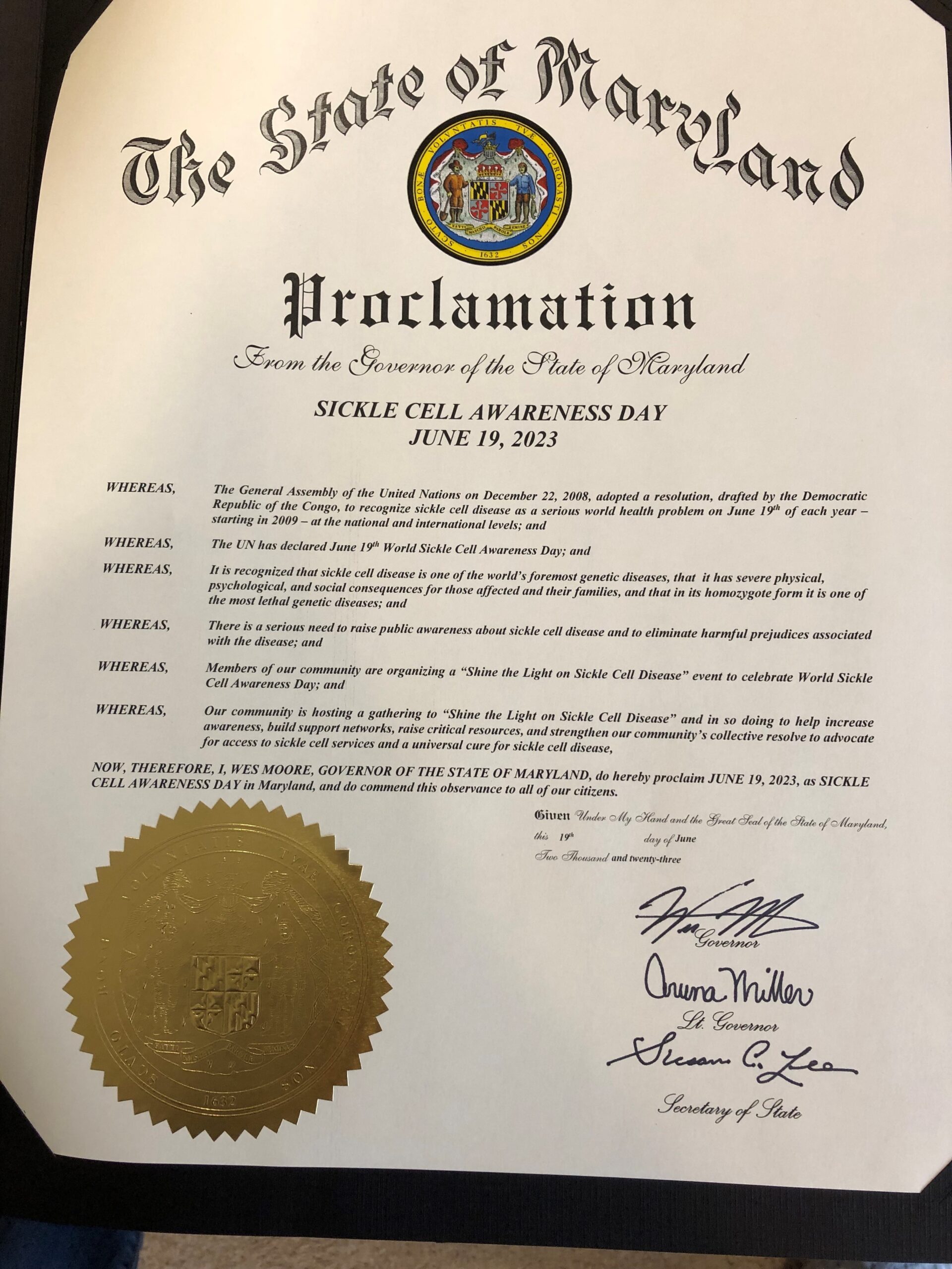 June 19, 2023, is Officially Sickle Cell Awareness Day in Maryland! -  Sickle Cell Disease Association of America Inc.